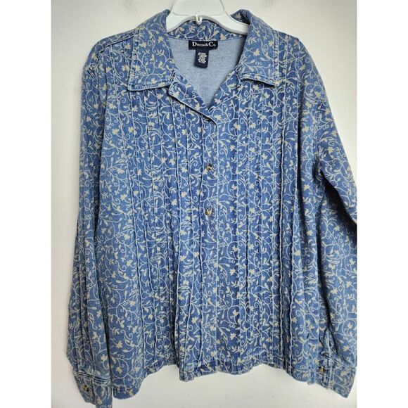 Denim & Co. Women Blue w/White Floral Denim Button Up Shacket size Large - Picture 3 of 9